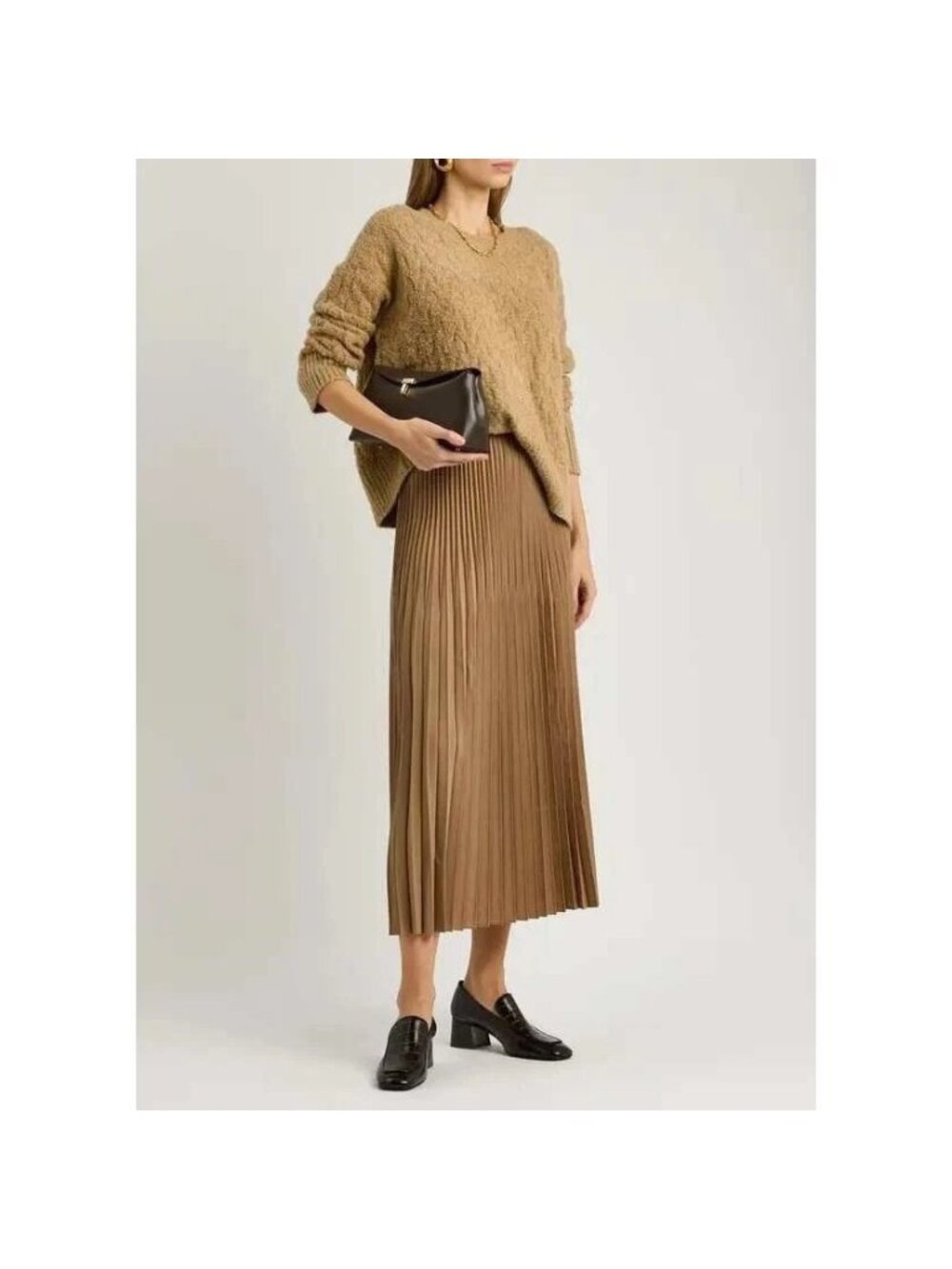Eileen Fisher Medium Biscuit Camel Beige Pleated Wool Silk Woven Long Skirt NWT